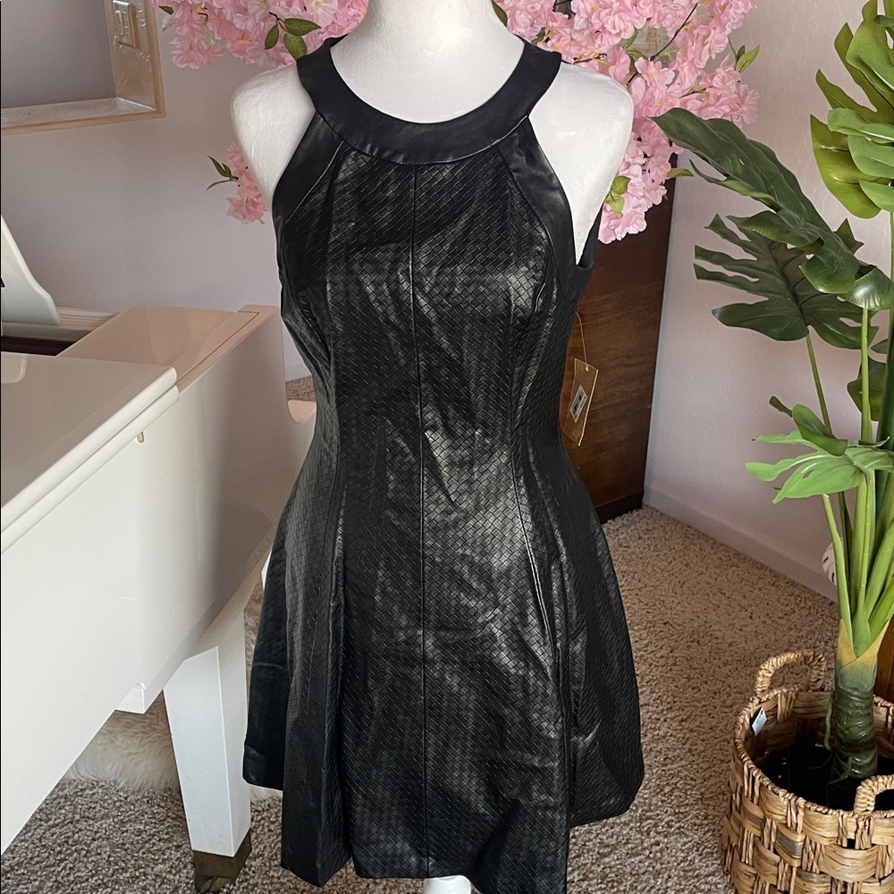Chic Black Faux Leather Halter Mini Dress